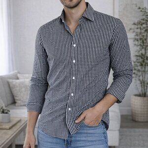 Van Heusen Flex Slim Fit Mens Black Gingham Button Down Shirt LongSlv Size S L/S